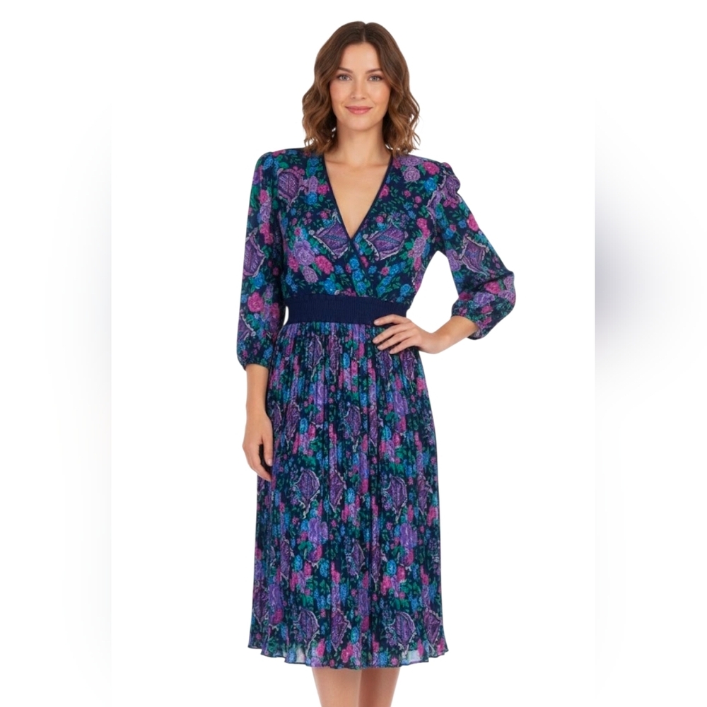 DIANE FREIS Vintage Midi Dress Blue Floral‎ Print Beaded Size Medium Embellished